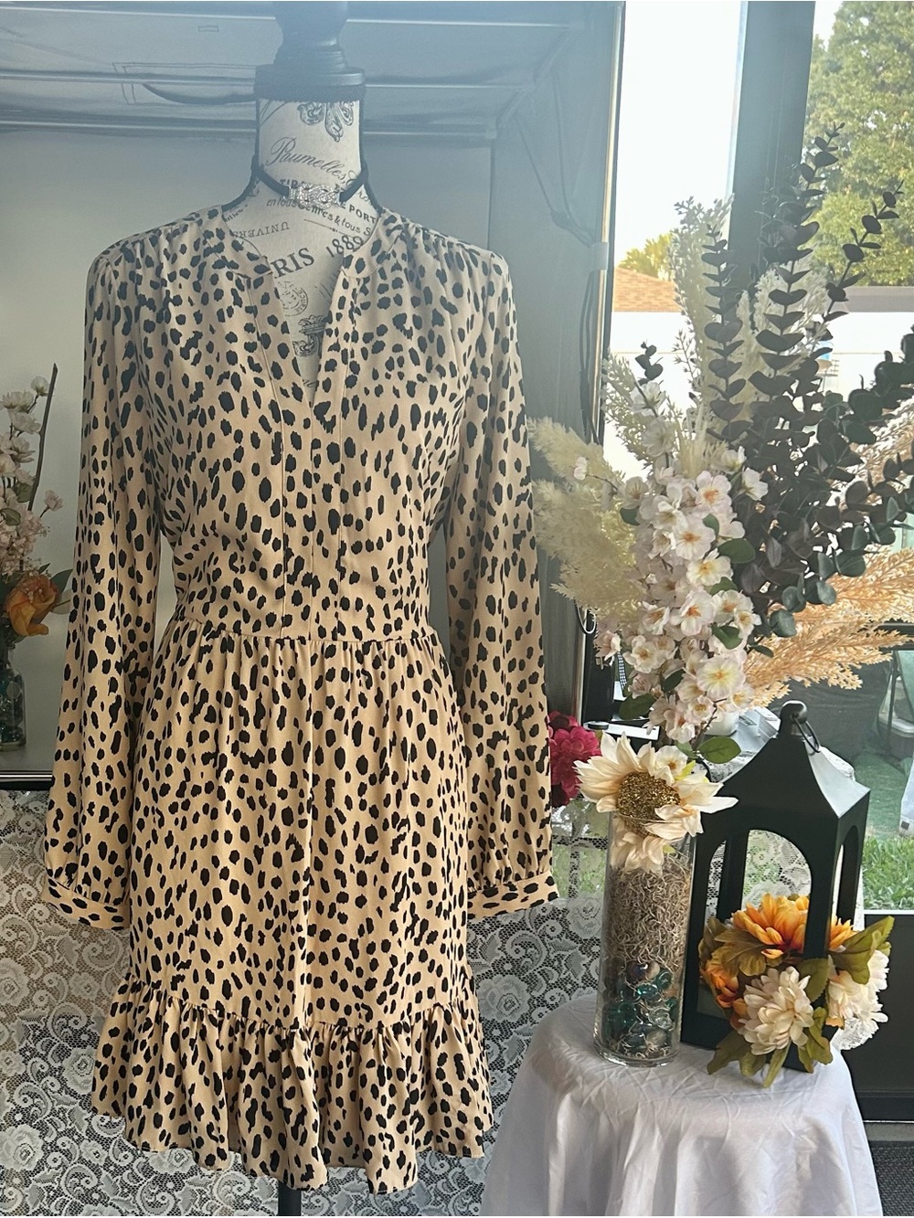 Mobwife, romantic cottage, core Beige Leopard Print Long Sleeve Ruffle Hem Dress